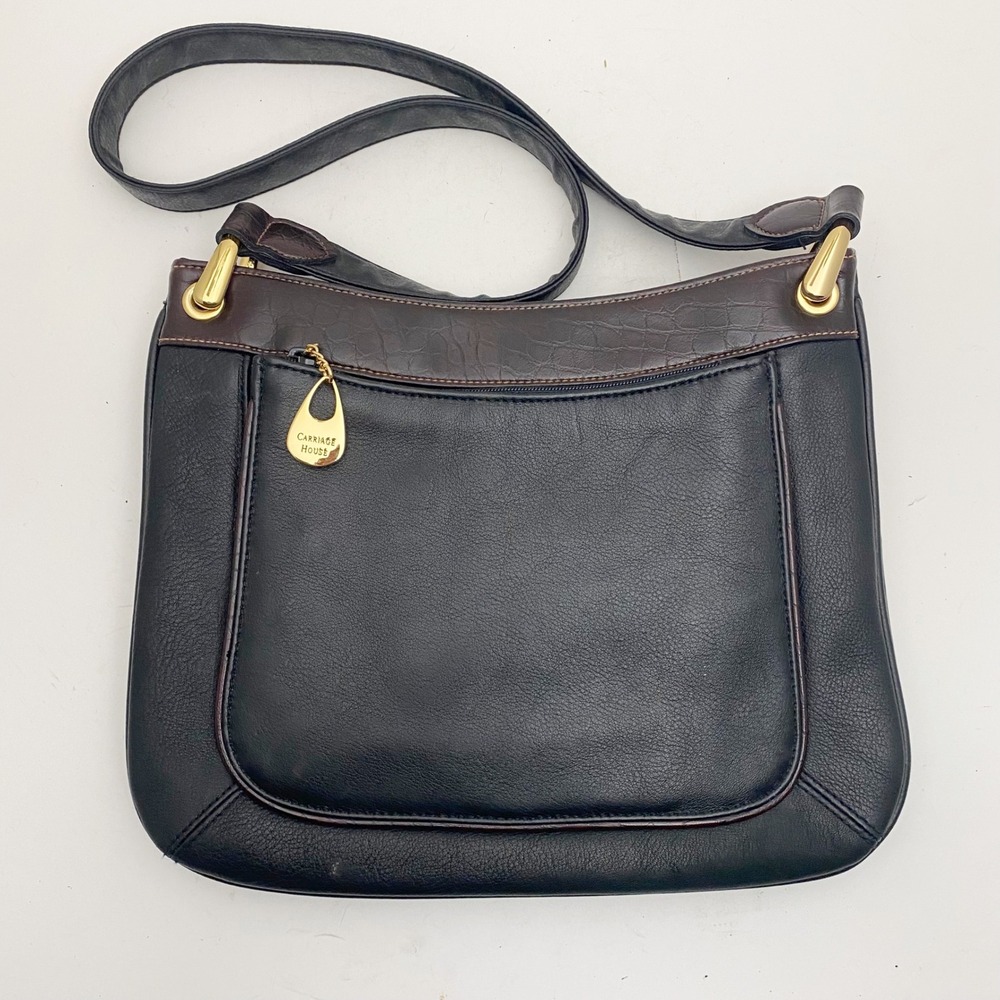 Carriage House Genuine Black Leather Shoulder Bag Brown Trim Gold Hardware Slim